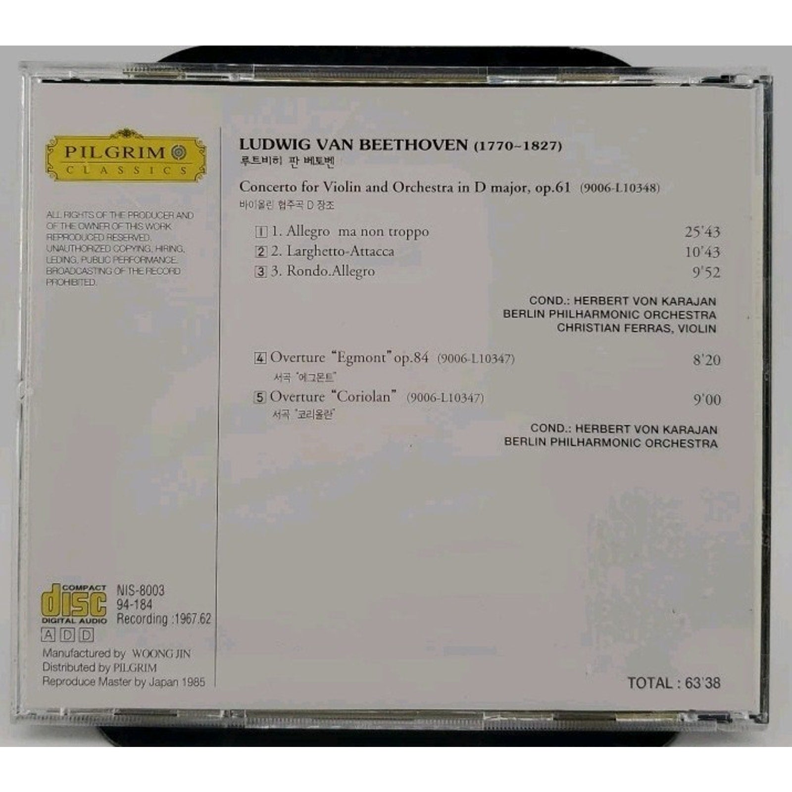 Concerto For Violin Ans Orchestra OP.61 Overture "Egmont" "Coriolan" CD