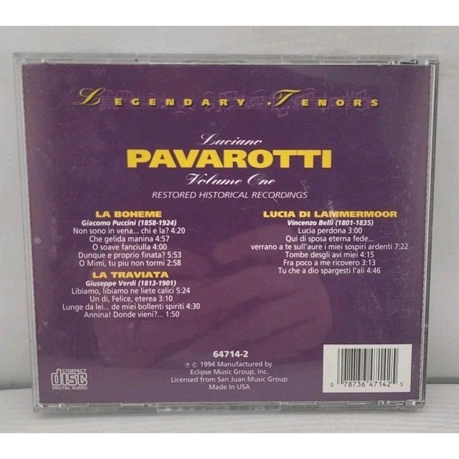 Legendary Tenors: Luciano Pavarotti Greatest Hits CD (1994 Eclipse) Vol 1