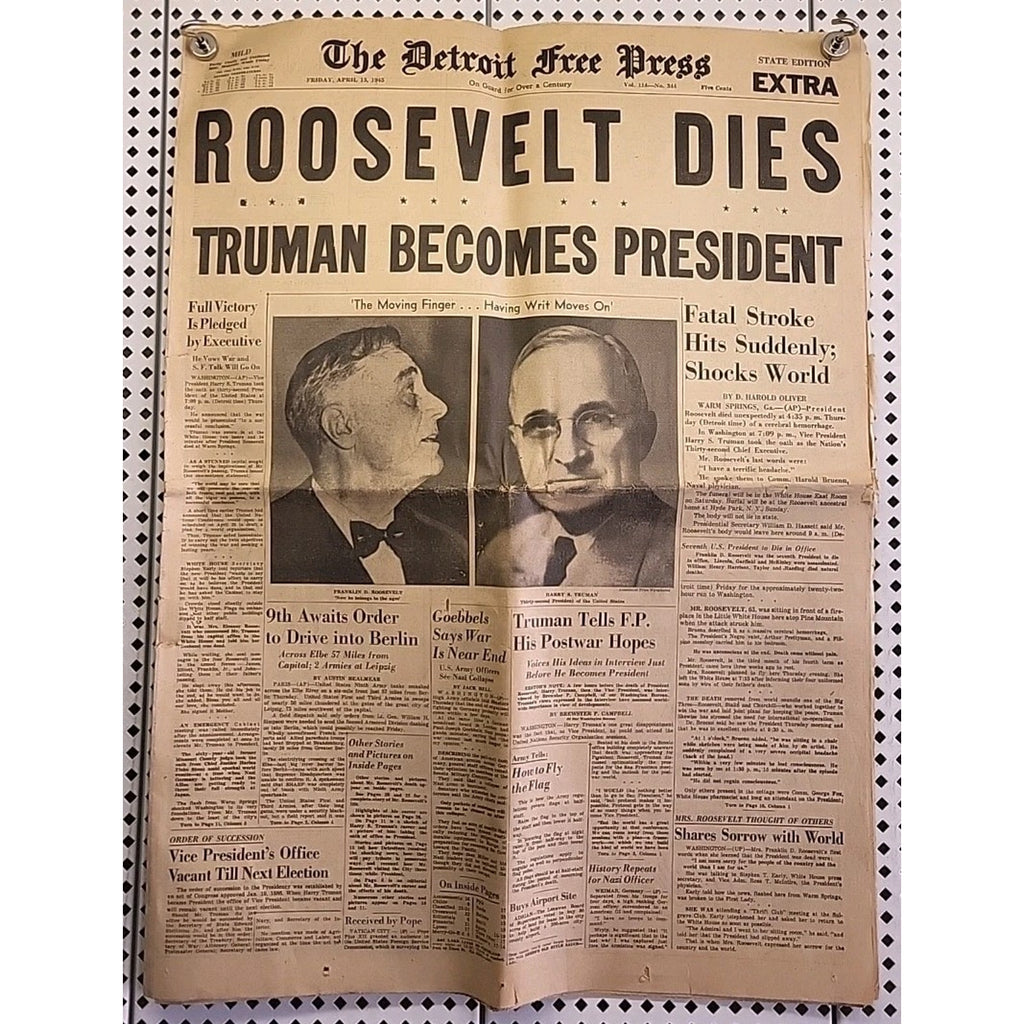 The Detroit Free Press Newspaper: Roosevelt Dies - Truman Becomes President