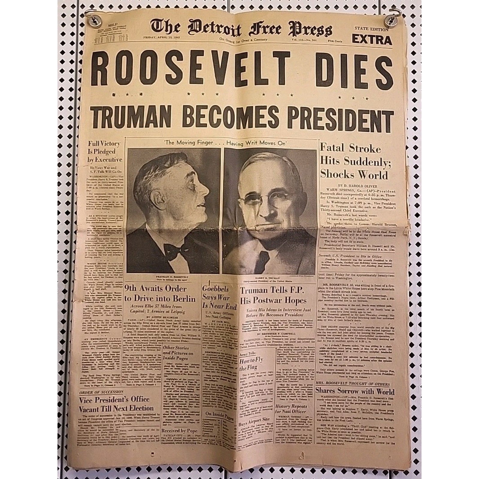 The Detroit Free Press Newspaper: Roosevelt Dies - Truman Becomes President