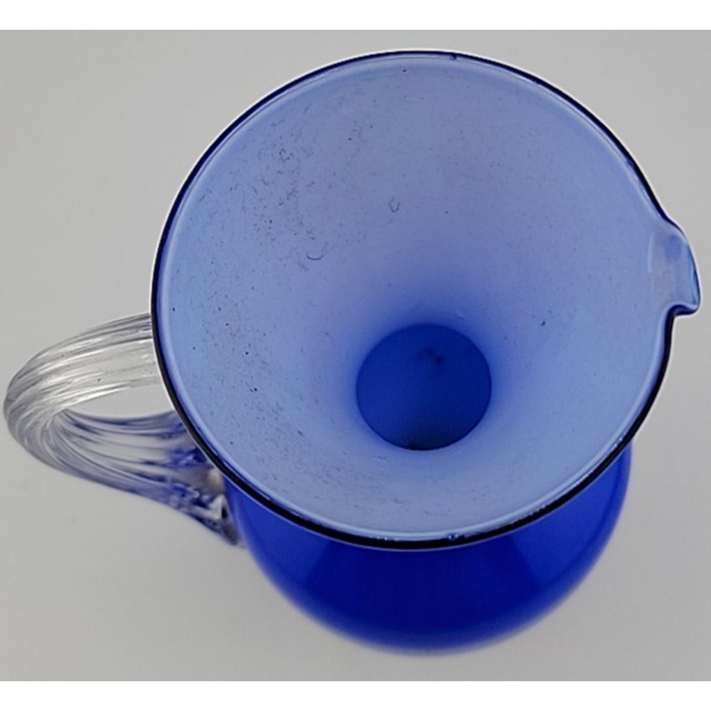 Contemporary Studio Art Glass Cobalt Blue Applied Clear Handle Vase Pitcher
