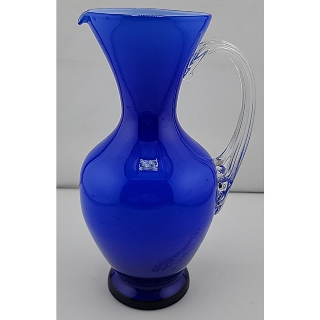 Contemporary Studio Art Glass Cobalt Blue Applied Clear Handle Vase Pitcher