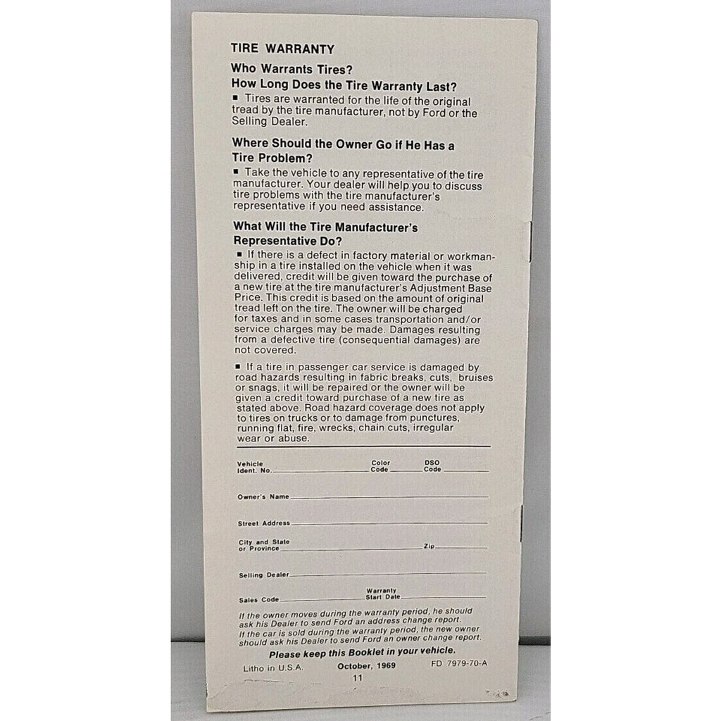 Warranty Facts Booklet 1970 Model Cars And Light Trucks