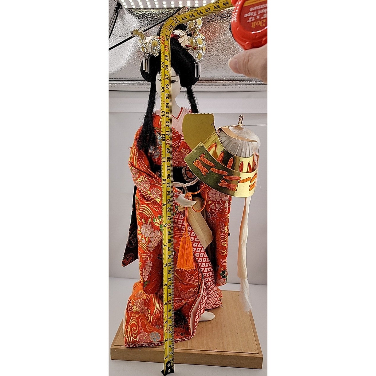 Nishi Geisha Doll 16" Kabuto Helmet Crown Japanese Lady Figurine Red Kimono