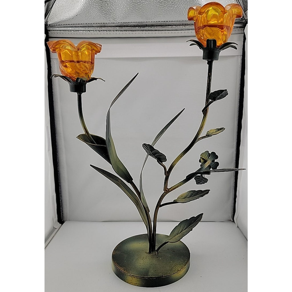 Amber Flower Candle Holder Approx 15" Tall Orange Leaf
