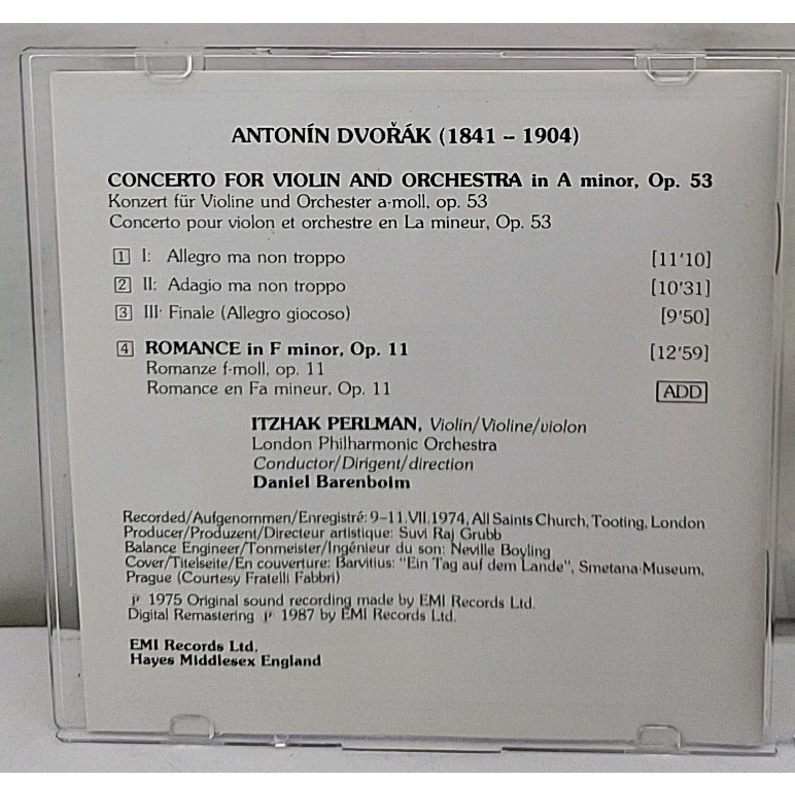 Dvorak: Violin Concerto Romance: Perlman - Audio CD
