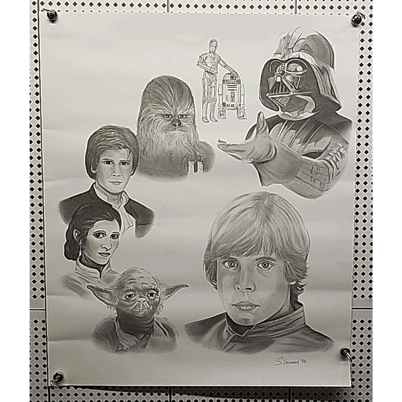Star Wars Print Litho Sketch 20X24" Dated 96 By S. Lindstrom 8 Characters