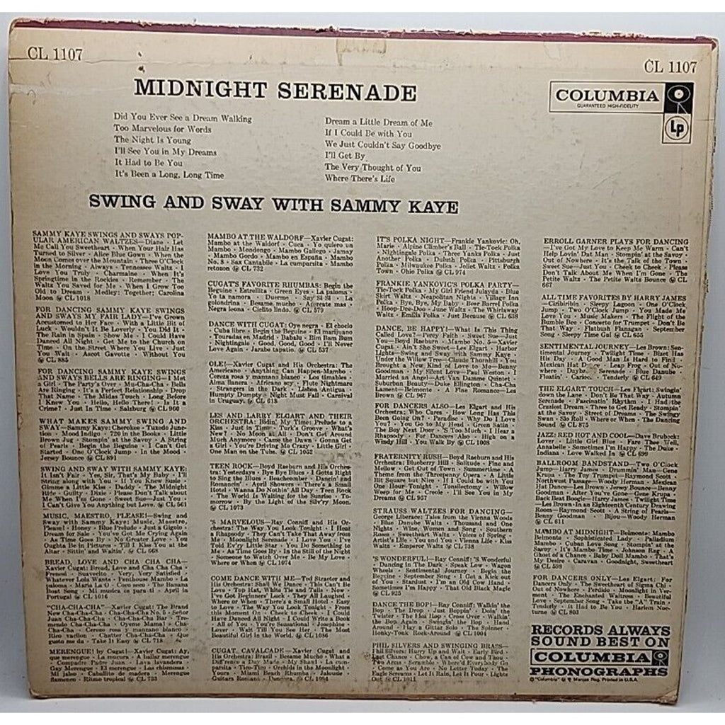 Midnight Serenade Swing And Sway With Sammy Kaye CL 1107 Columbia Records (Recor