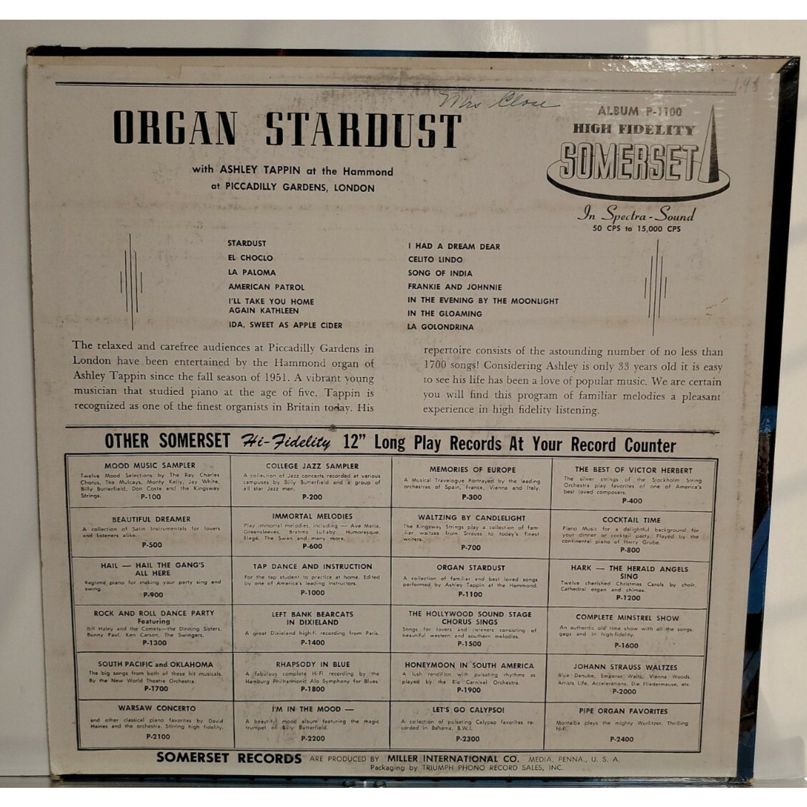 Ashley Tappen – Organ Stardust (Vinyl)