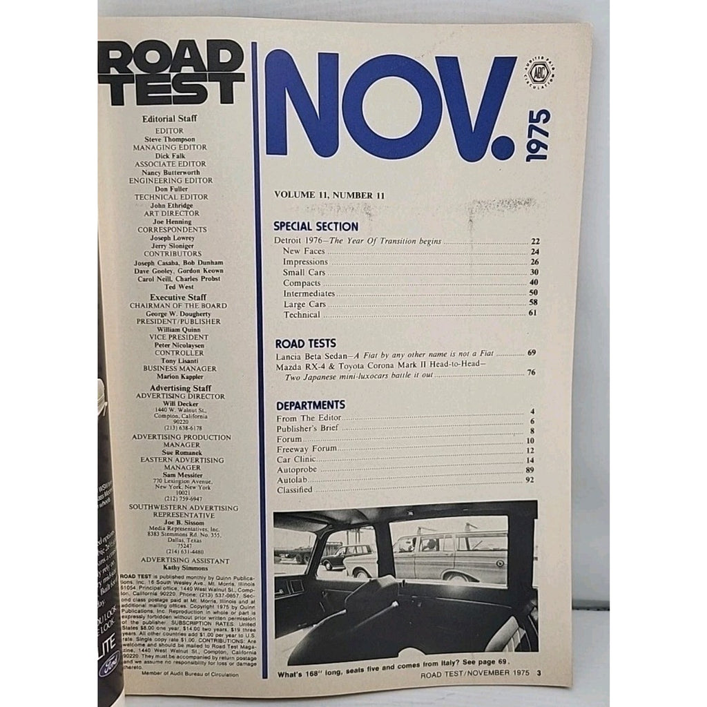 Road Test Magazine Nov 1975 1976 New Car Annual Chevrolet Dodge Plymouth Lancia