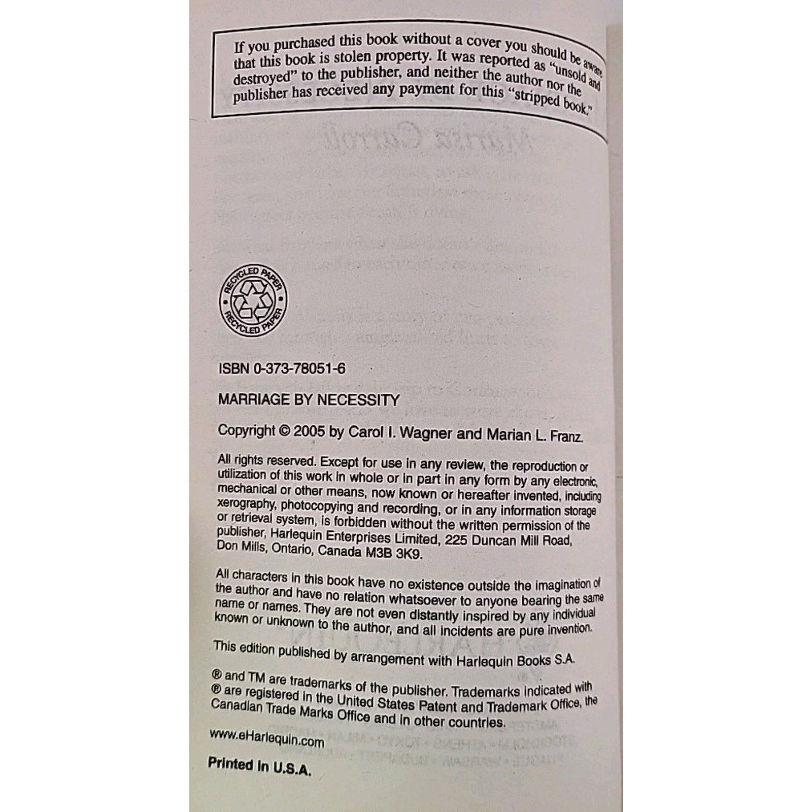Marriage by Necessity by Marisa Carroll (2005, Larger Print)