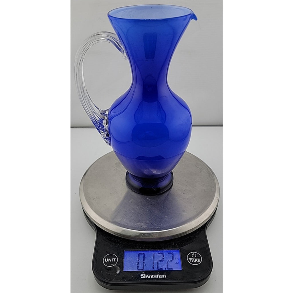 Contemporary Studio Art Glass Cobalt Blue Applied Clear Handle Vase Pitcher