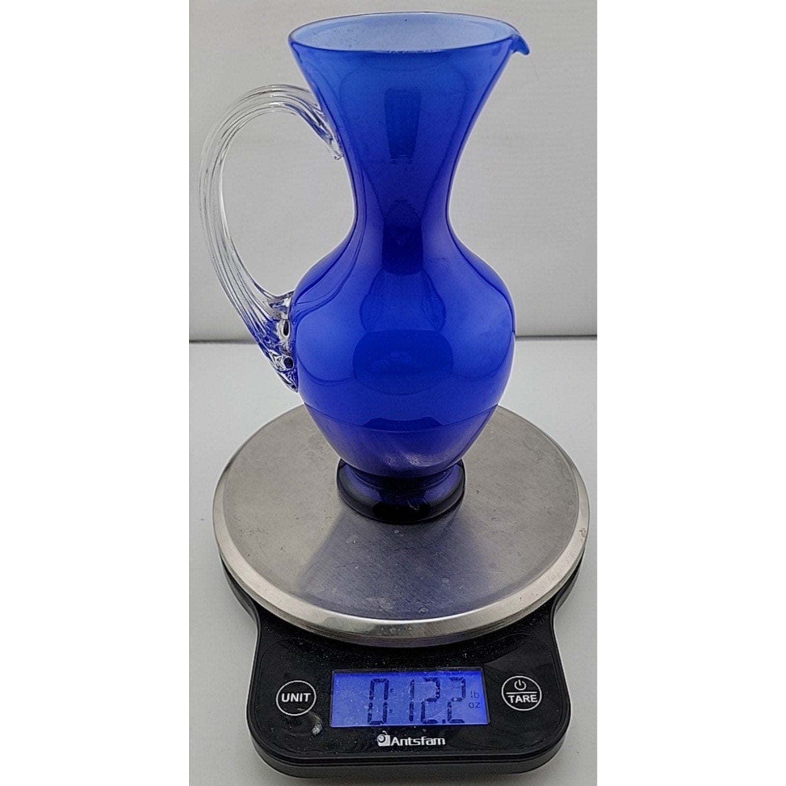 Contemporary Studio Art Glass Cobalt Blue Applied Clear Handle Vase Pitcher