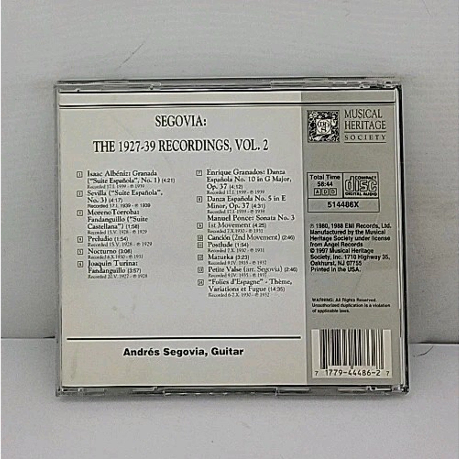 Andres Segovia 1927-1939 Recordings CD Musical Heritage Society