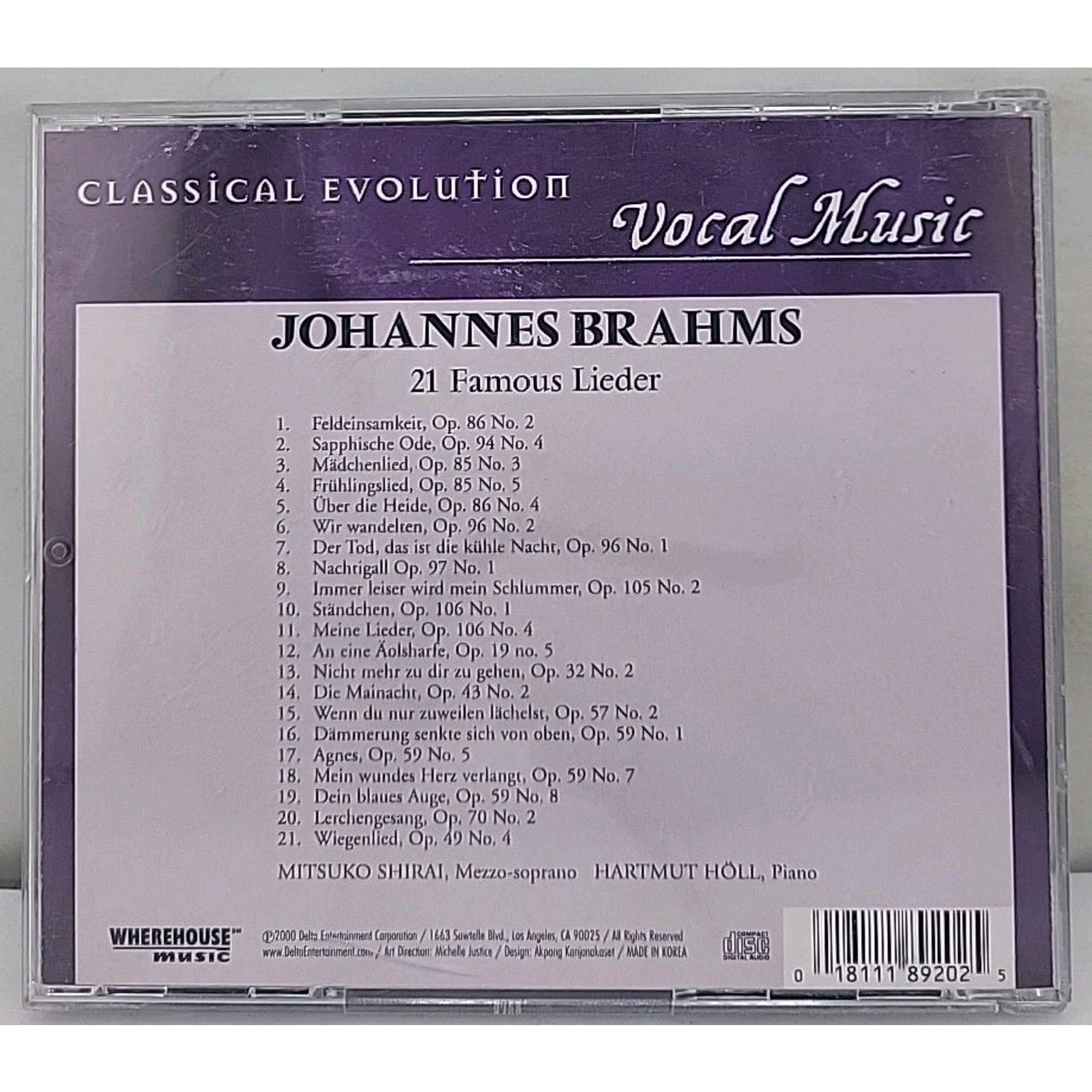21 Famous Lieder Vocal Music by Johannes Brahms CD 2000