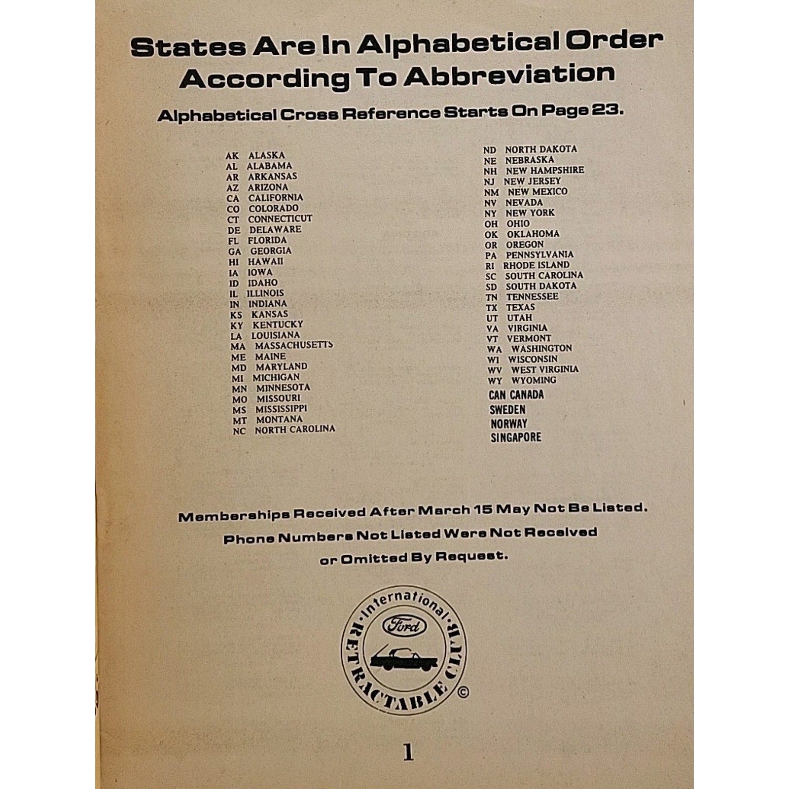 International Ford Retractable Club - 1984 Membership Roster