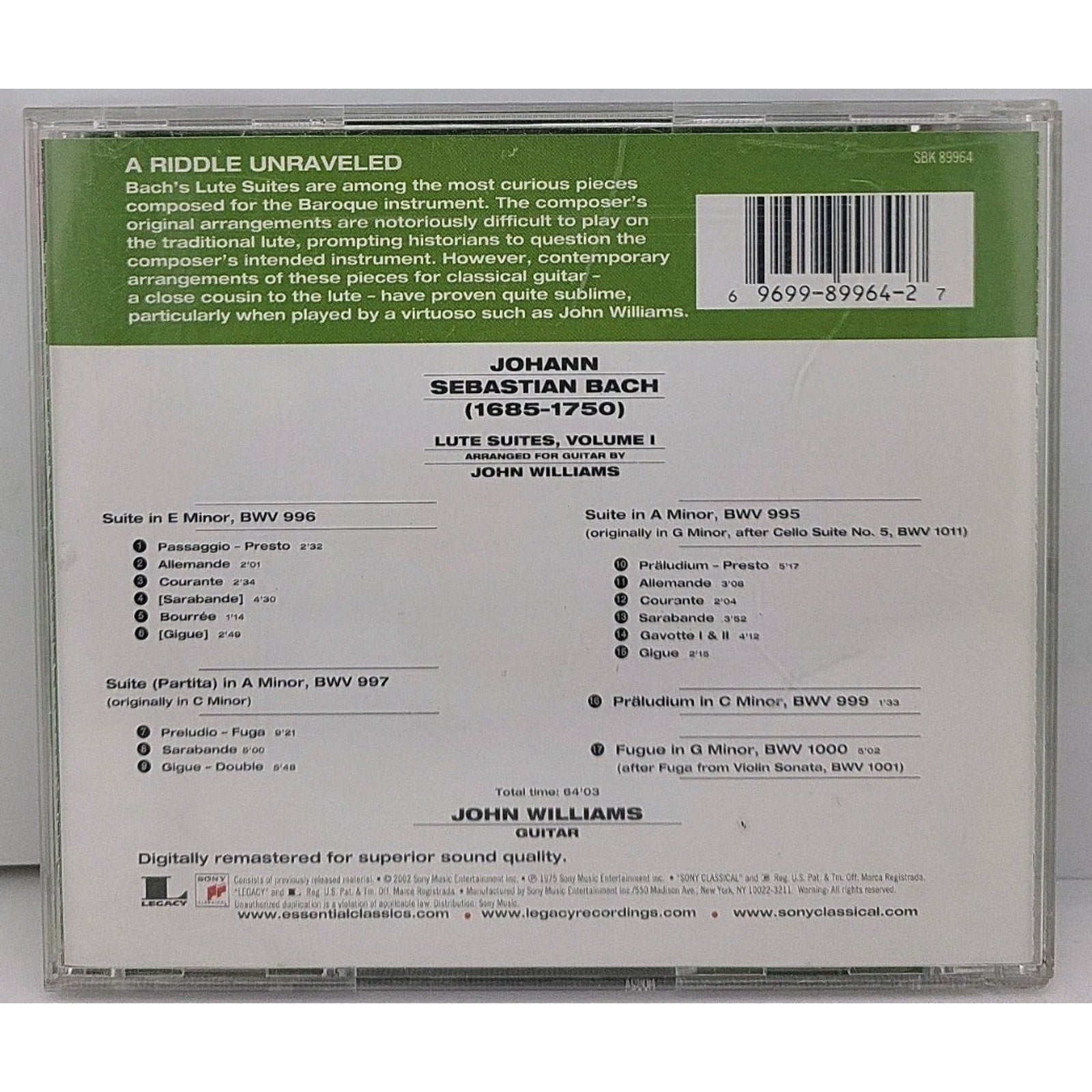 Lute Suites 1-Essential Classics by Bach / Williams, John (CD, 2002)