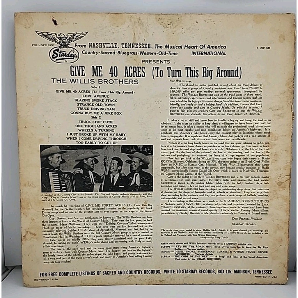 Give Me Forty Acres! To Turn This Rig Around by The Willis Brothers Vinyl Record