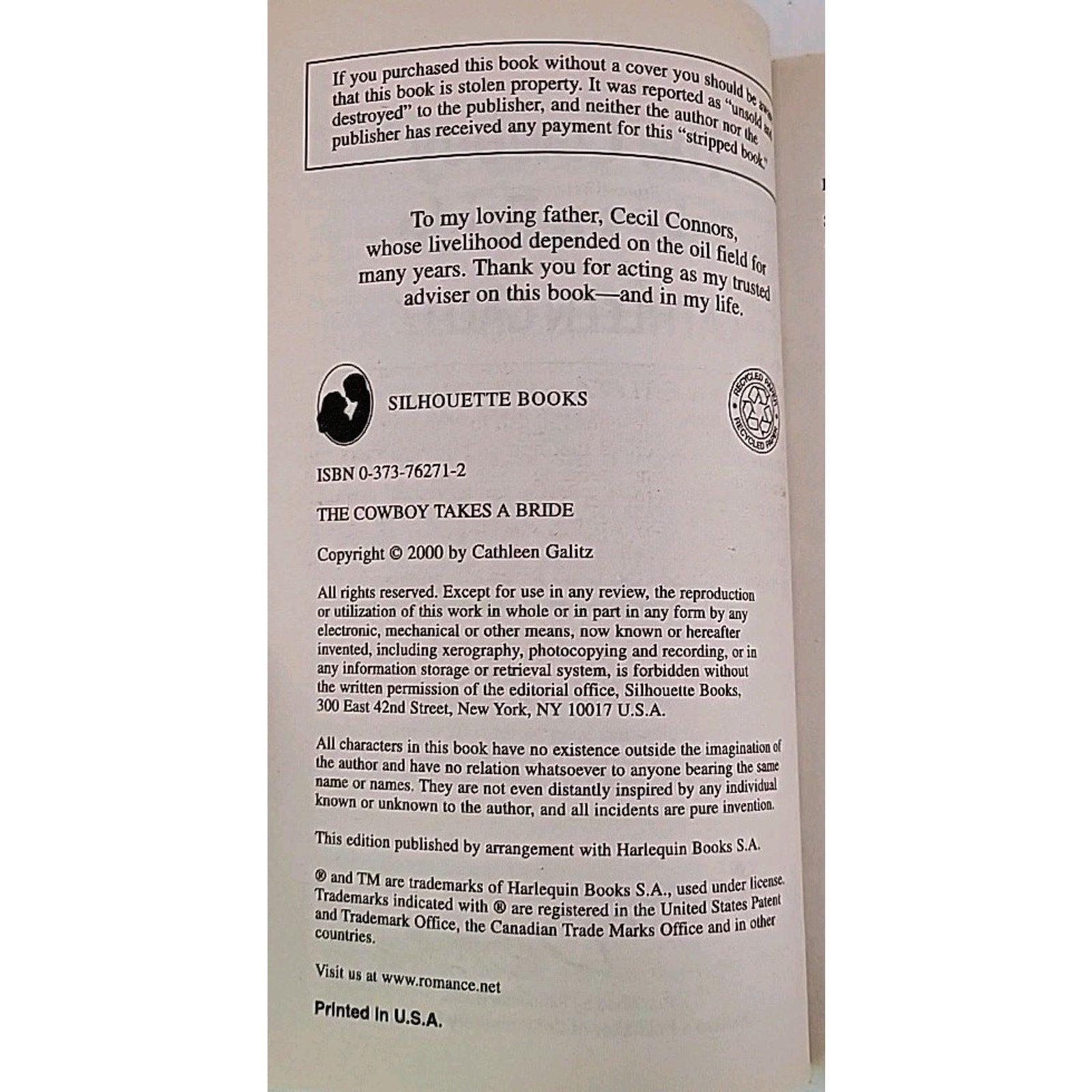 Cowboy Takes a Bride by Cathleen Galitz (1999, Mass Market)