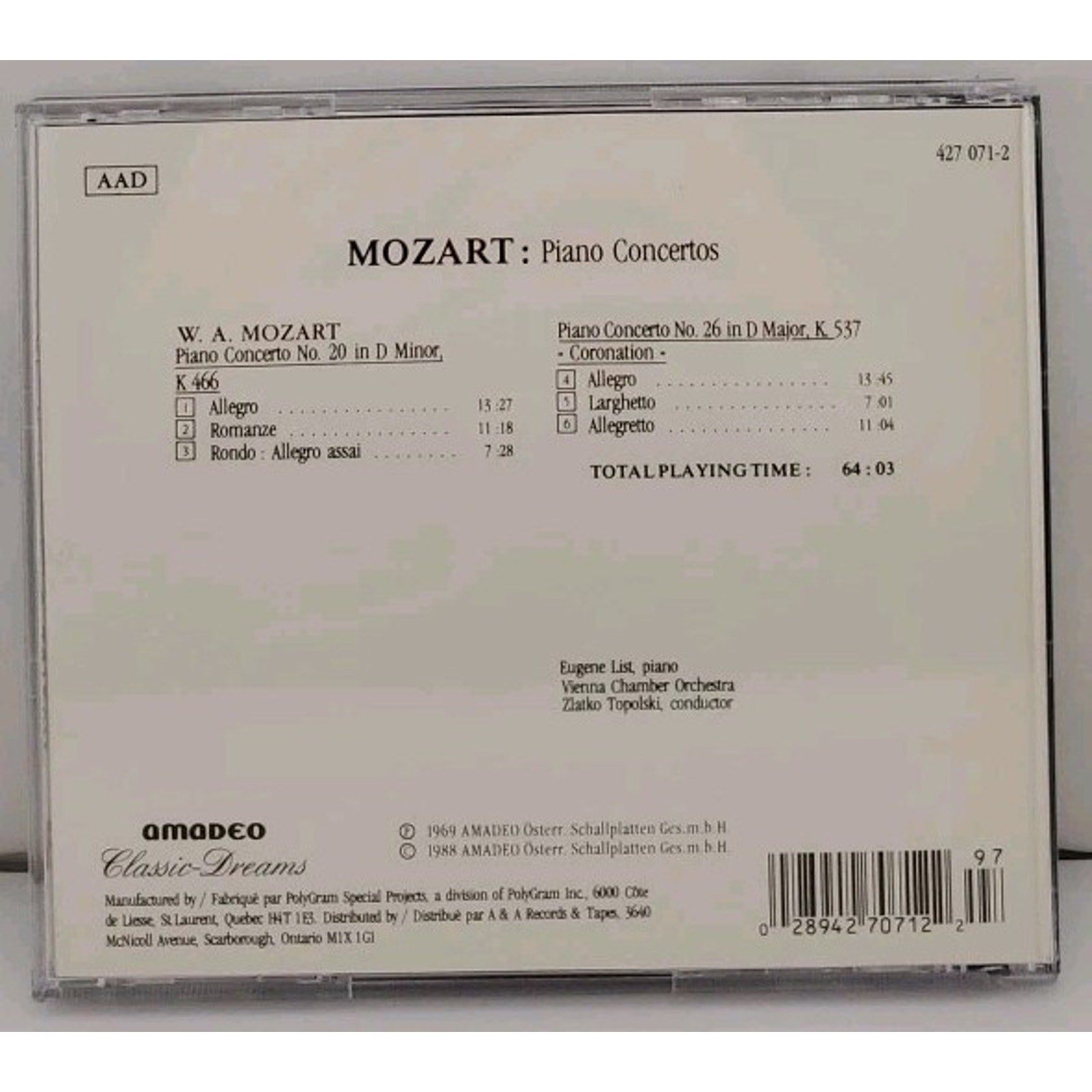 Mozart Piano Conertos Nos. 20 And 26 Coronation CD