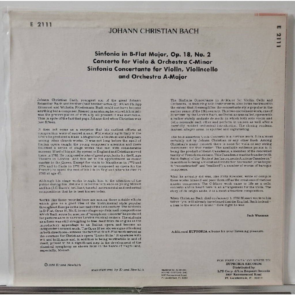 J. C. Bach Sinfonia In B-flat Major, Op. 18, No.2 (Record)