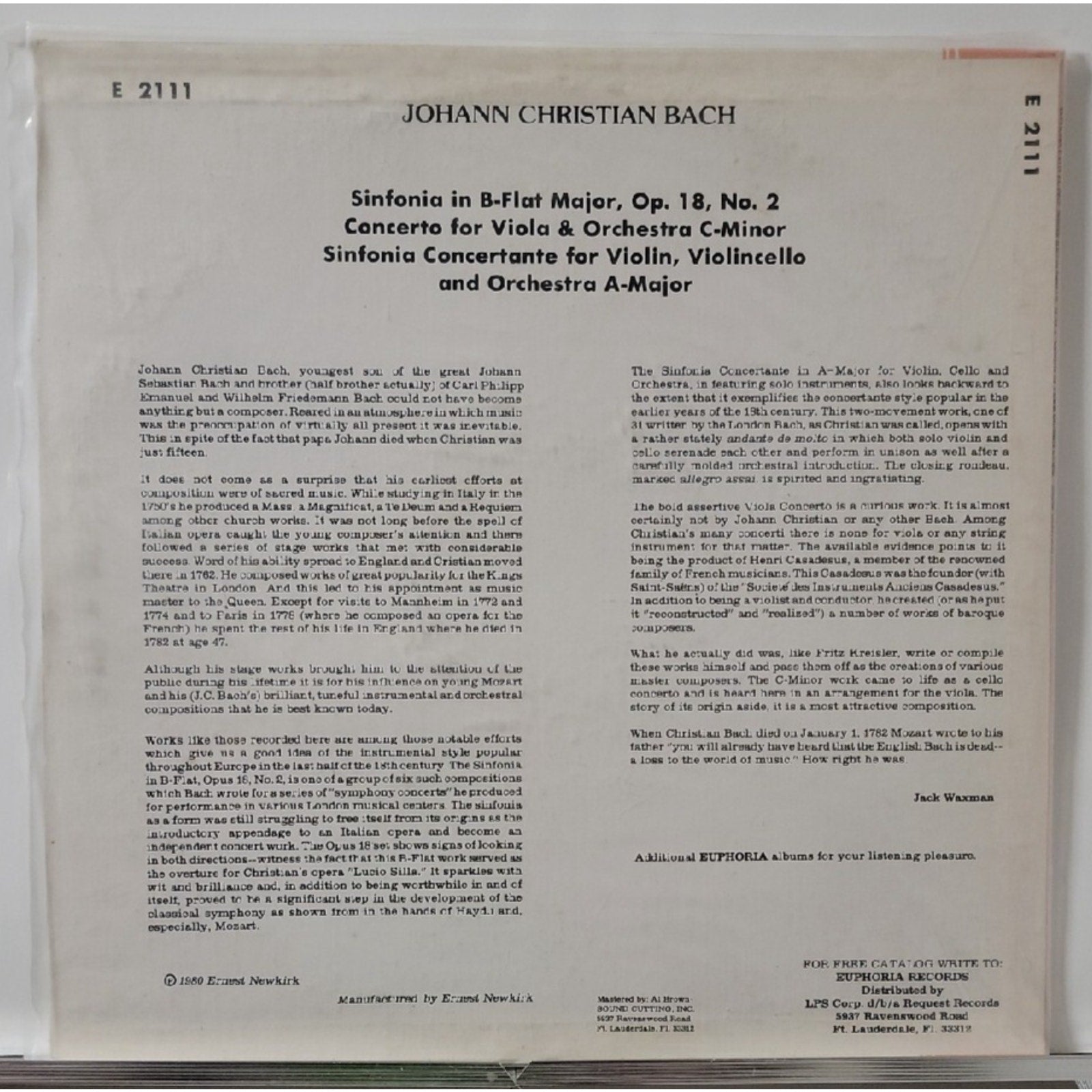 J. C. Bach Sinfonia In B-flat Major, Op. 18, No.2 (Record)