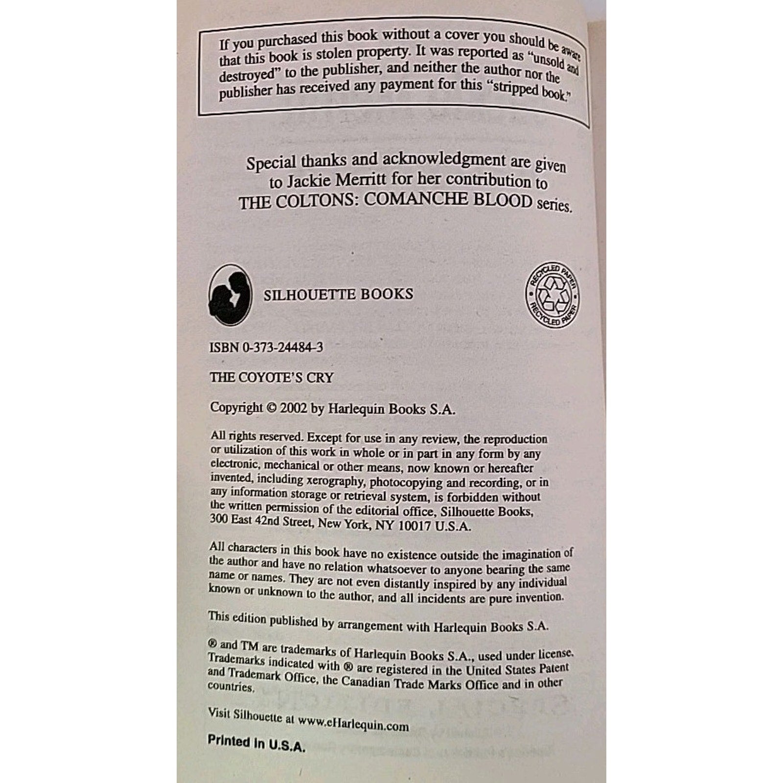 Coyote's Cry by Jackie Merritt (2002, Mass Market)