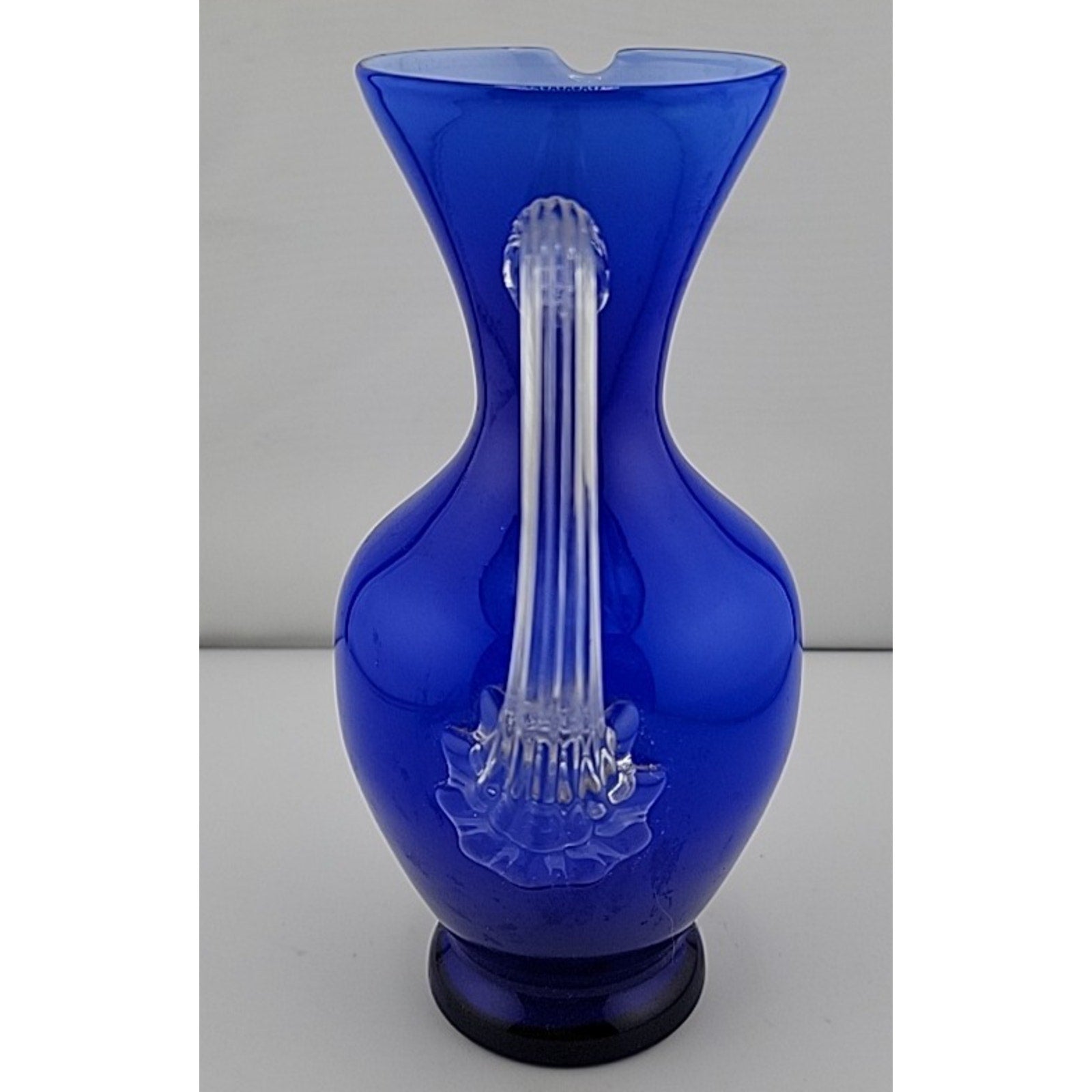 Contemporary Studio Art Glass Cobalt Blue Applied Clear Handle Vase Pitcher