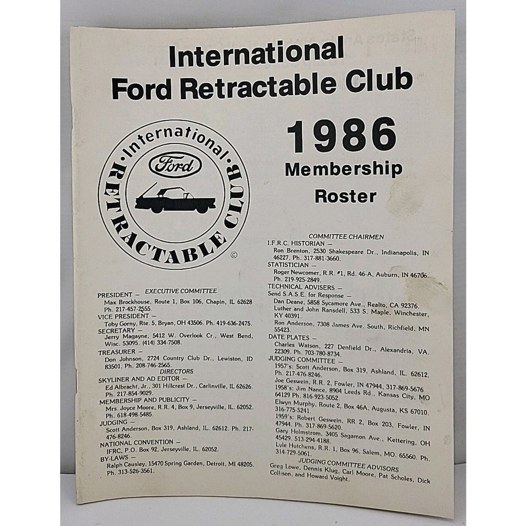 International Ford Retractable Club - 1986 Membership Roster