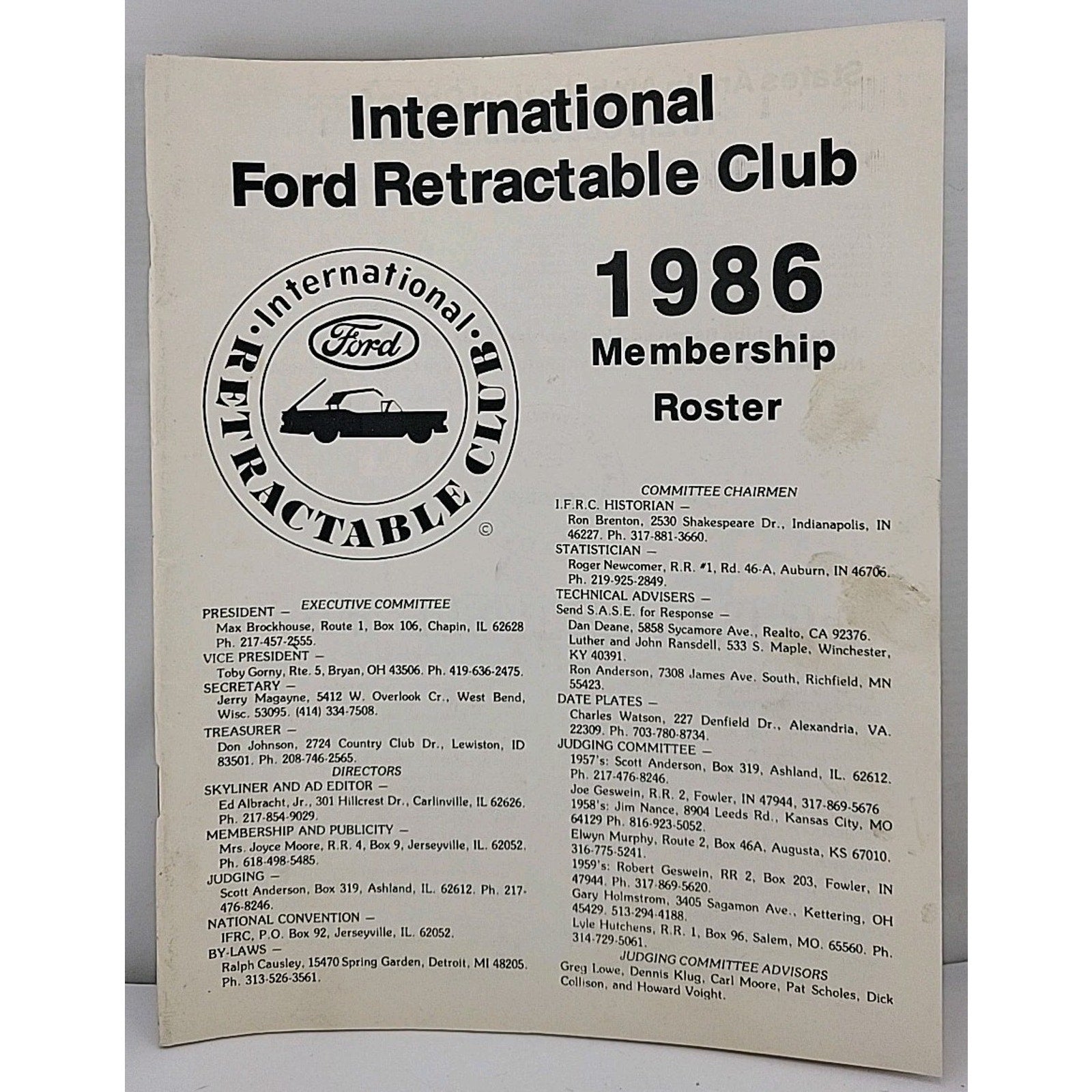 International Ford Retractable Club - 1986 Membership Roster