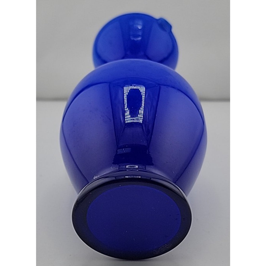 Contemporary Studio Art Glass Cobalt Blue Applied Clear Handle Vase Pitcher