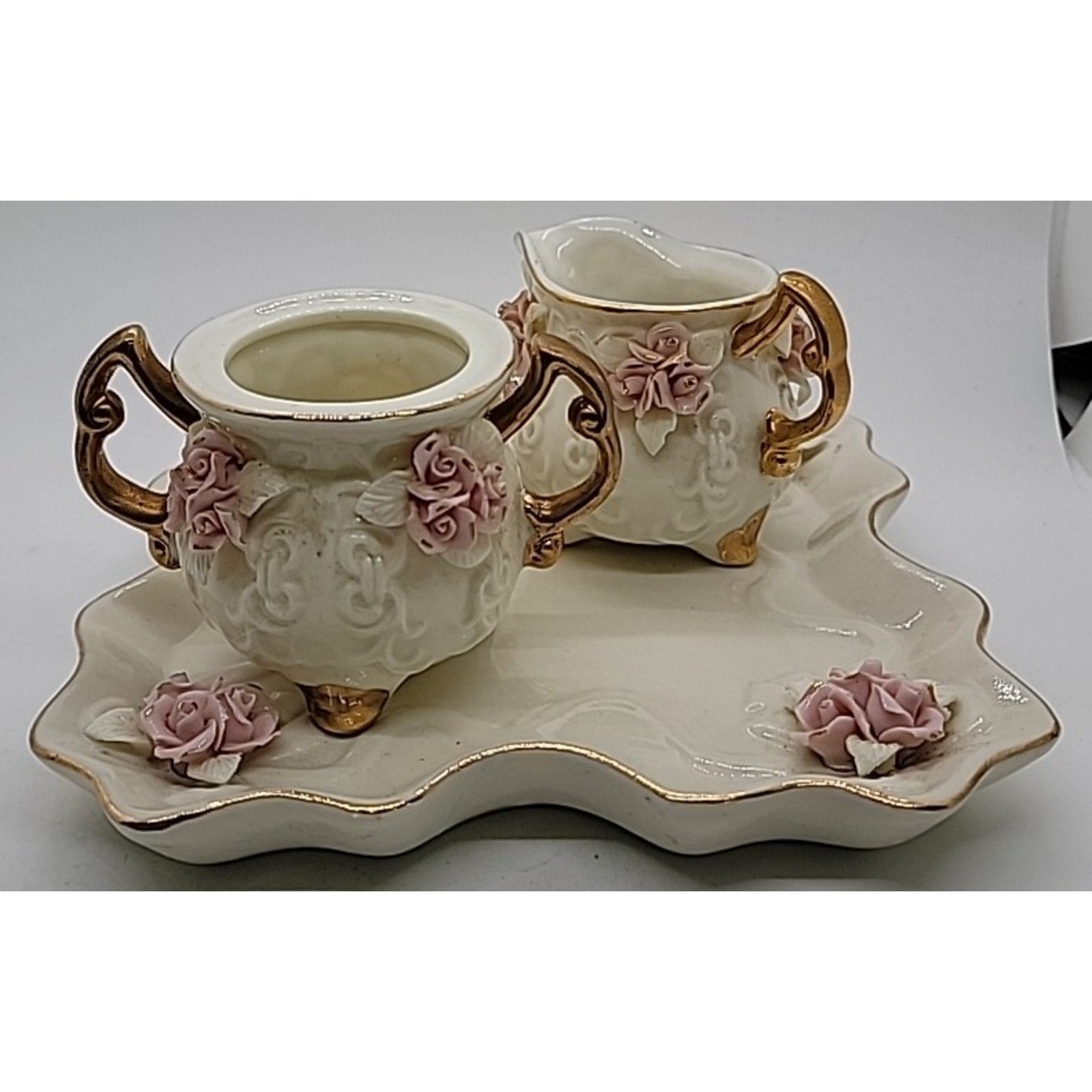 Cracker Barrel Ivory Porcelain 4pc Tea Set Pink Roses & Gold Trim