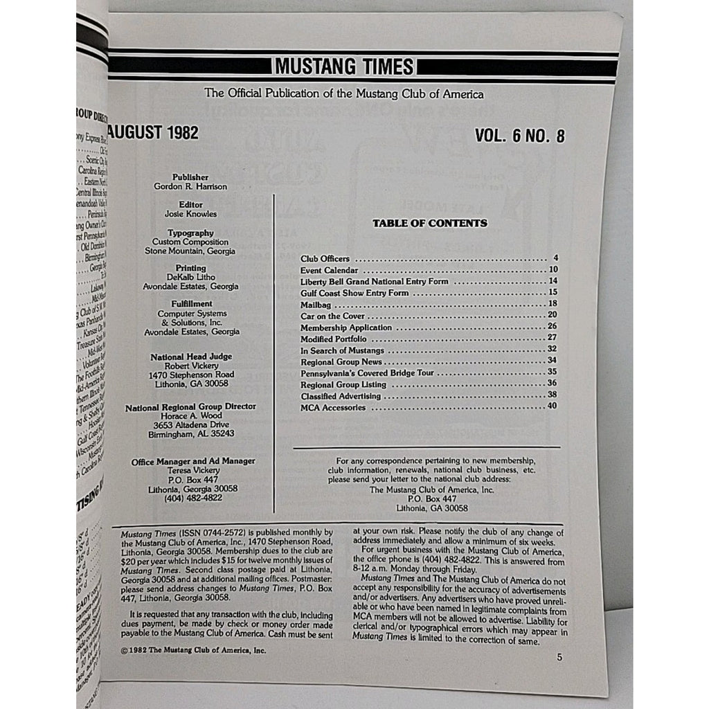 Mustang Times Magazine - Mustang Club Of America - August 1982 - Vol. 6 No. 8