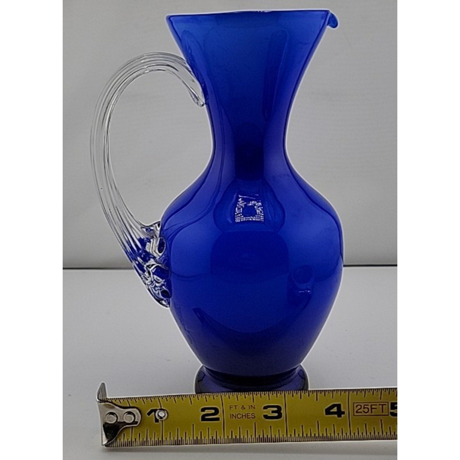 Contemporary Studio Art Glass Cobalt Blue Applied Clear Handle Vase Pitcher