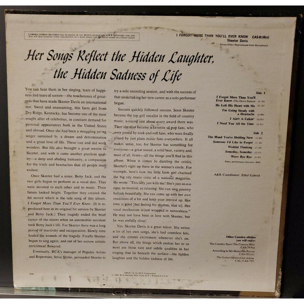 A Skeeter Davis I Forgot More Than Youll Ever Know Camden RCA CAL818