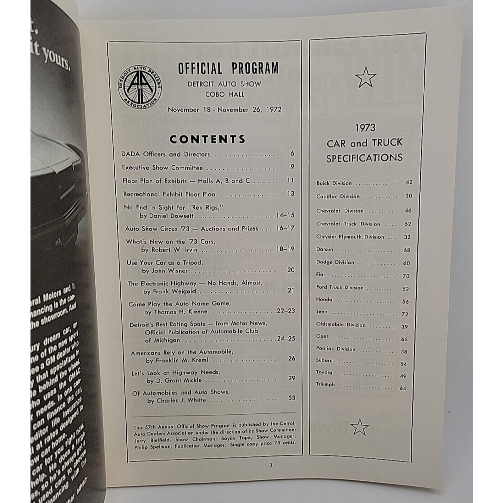 1973 Detroit Auto Show and Motor Home Exhibit Official Program