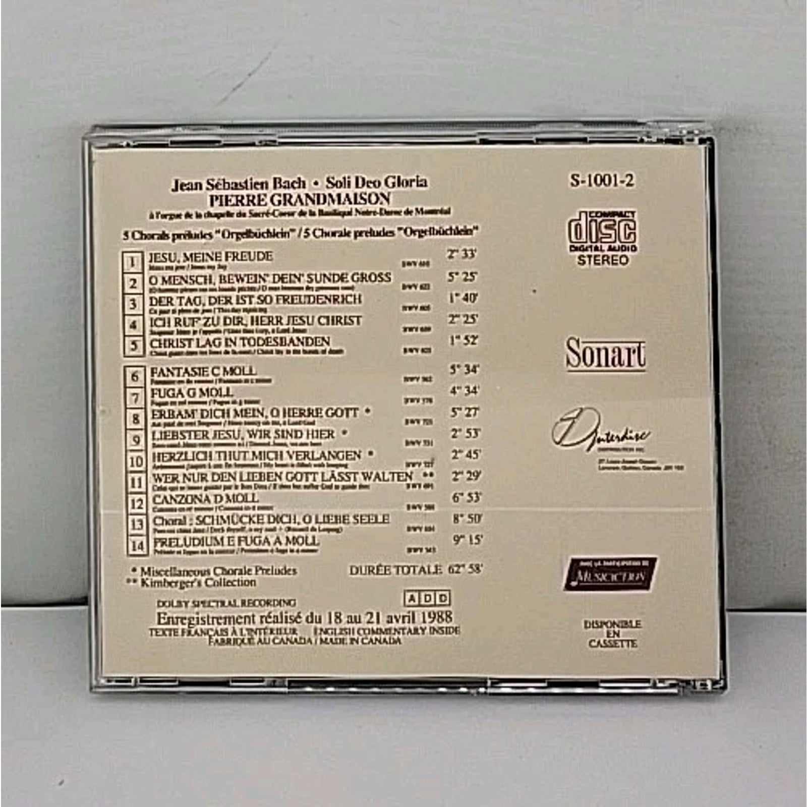 Jean Sebastien Bach Soli Deo Gloria Pierre Grandmaison CD