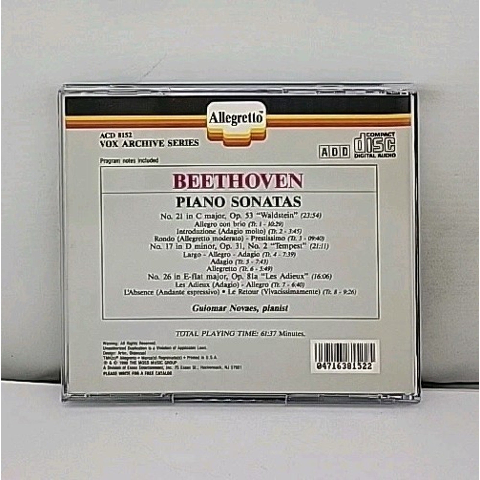Piano: Beethoven: Piano Sonatas 21, 17 & 26 / Guiomar Novaes CD Allegretto Vox