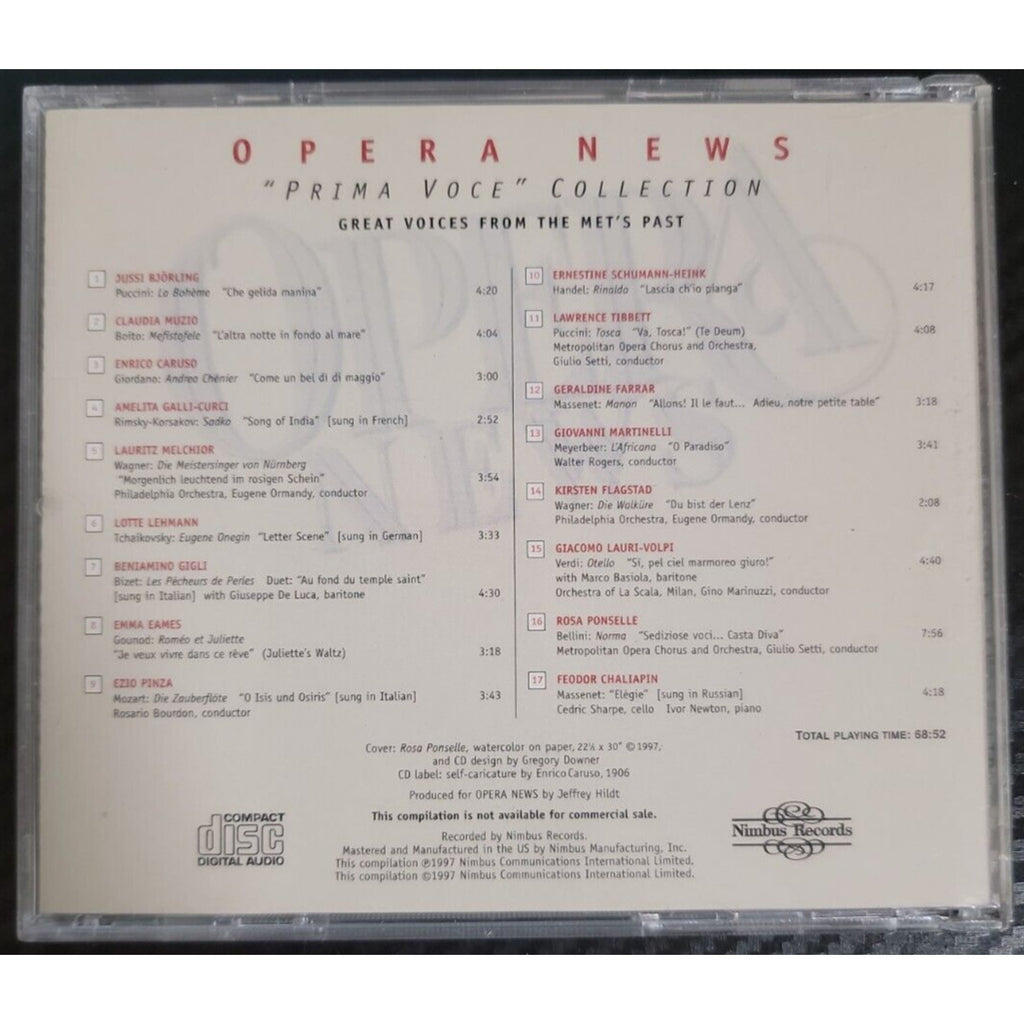 OPERA NEWS: "PRIMA VOCE" COLLECTION, GREAT VOICES FROM THE MET'S PAST, 1997(CD)