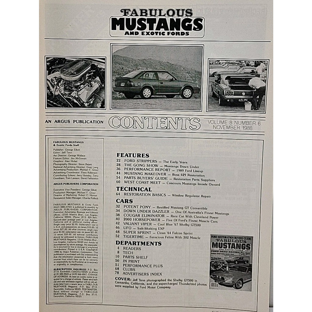 Fabulous Mustangs And Exotic Fords Magazine November 1988 Volume 8 Number 6