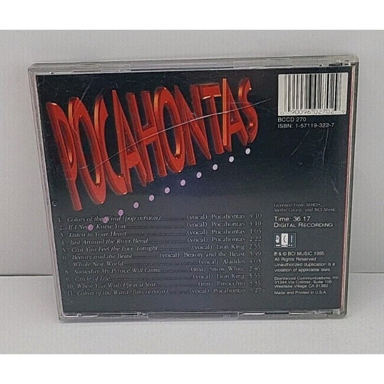 Pocahontas: Songs from the Hit by Various Artists (CD, Jan-2003, BCI-Eclipse...