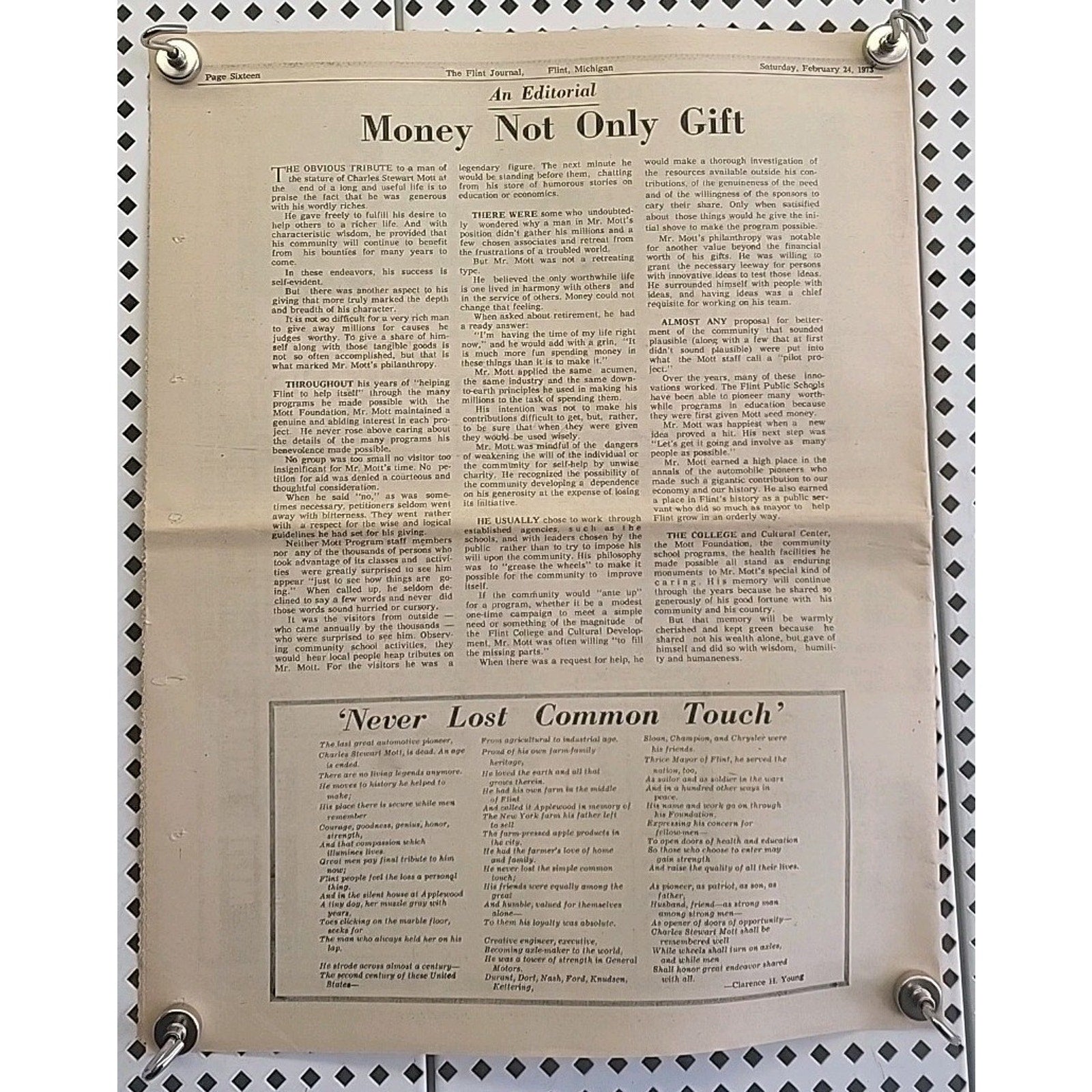 The Flint Journal: Charles Stewart Mott 1875-1973 - February 24 1973 - Newspaper
