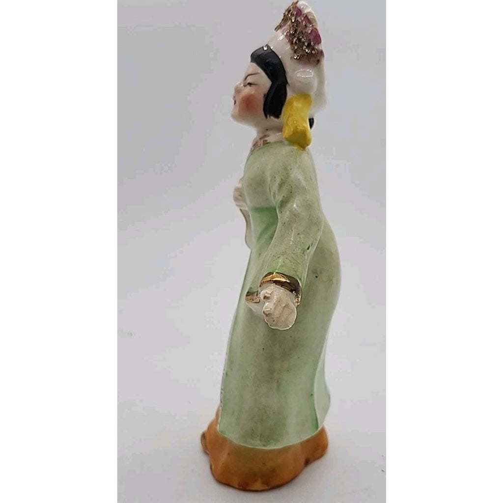 Asian Woman in Green/Orange Dress Porcelain Figurine
