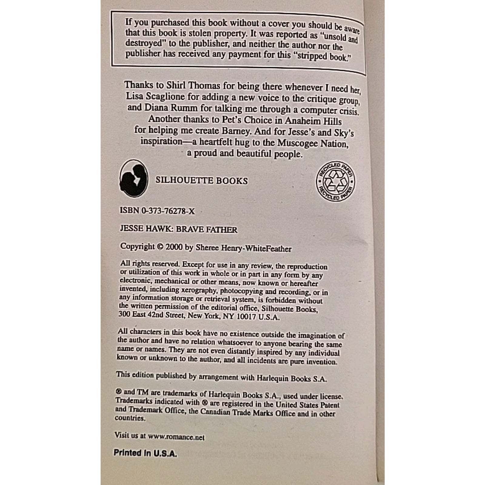 Jesse Hawk : Brave Father by Sheri WhiteFeather (2000, Mass Market)