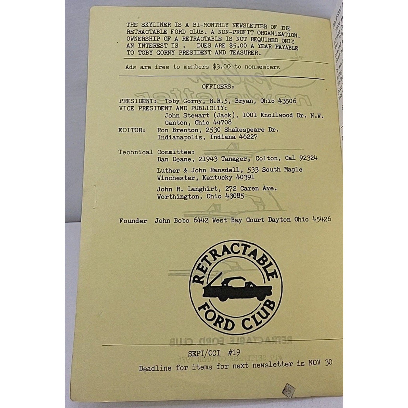 The Skyliner Newsletter - Retractable Ford Club #19 - September/October 1976