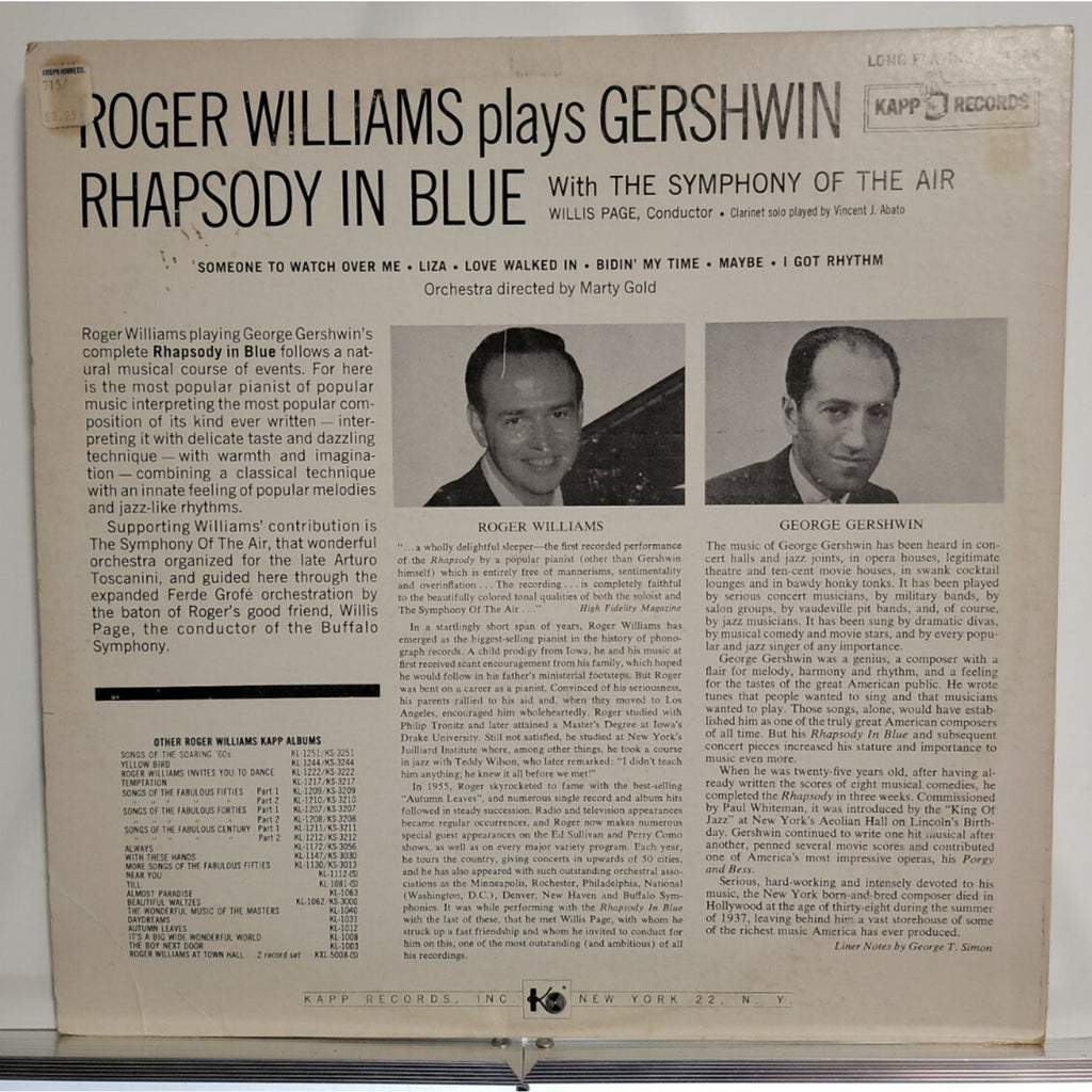 Roger Williams Plays Gershwin Rhapsody In Blue Vinyl