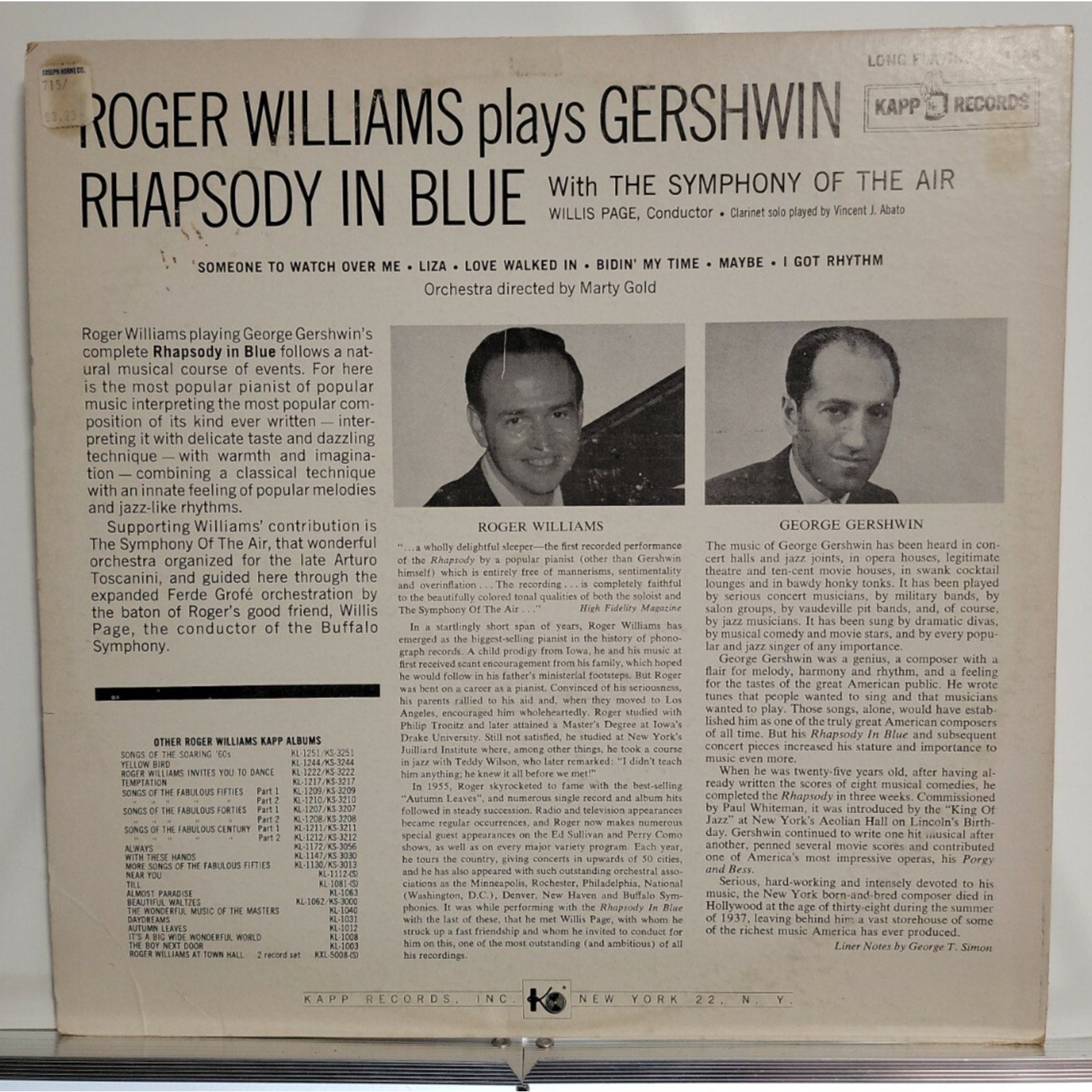 Roger Williams Plays Gershwin Rhapsody In Blue Vinyl
