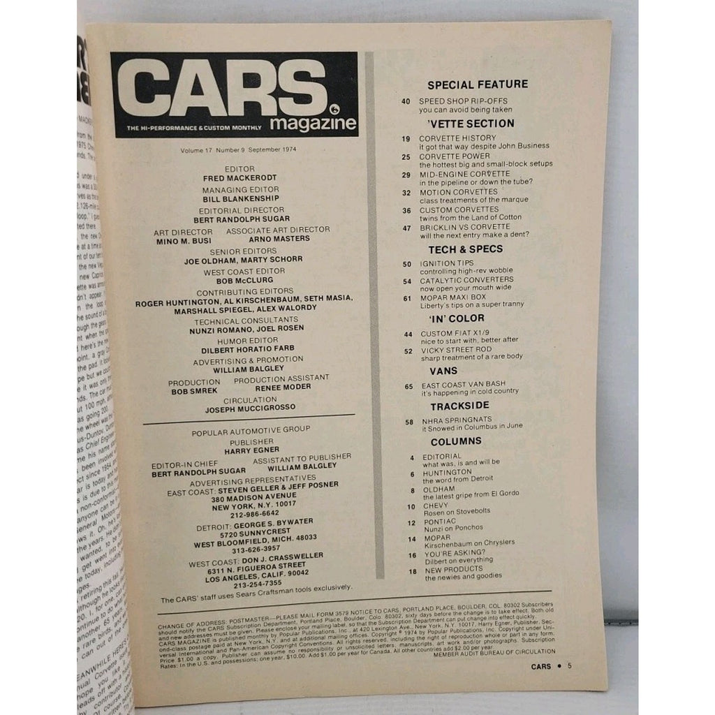 Cars Magazine-September 1974-Corvettes-Big/Small Block Chevy Goodies