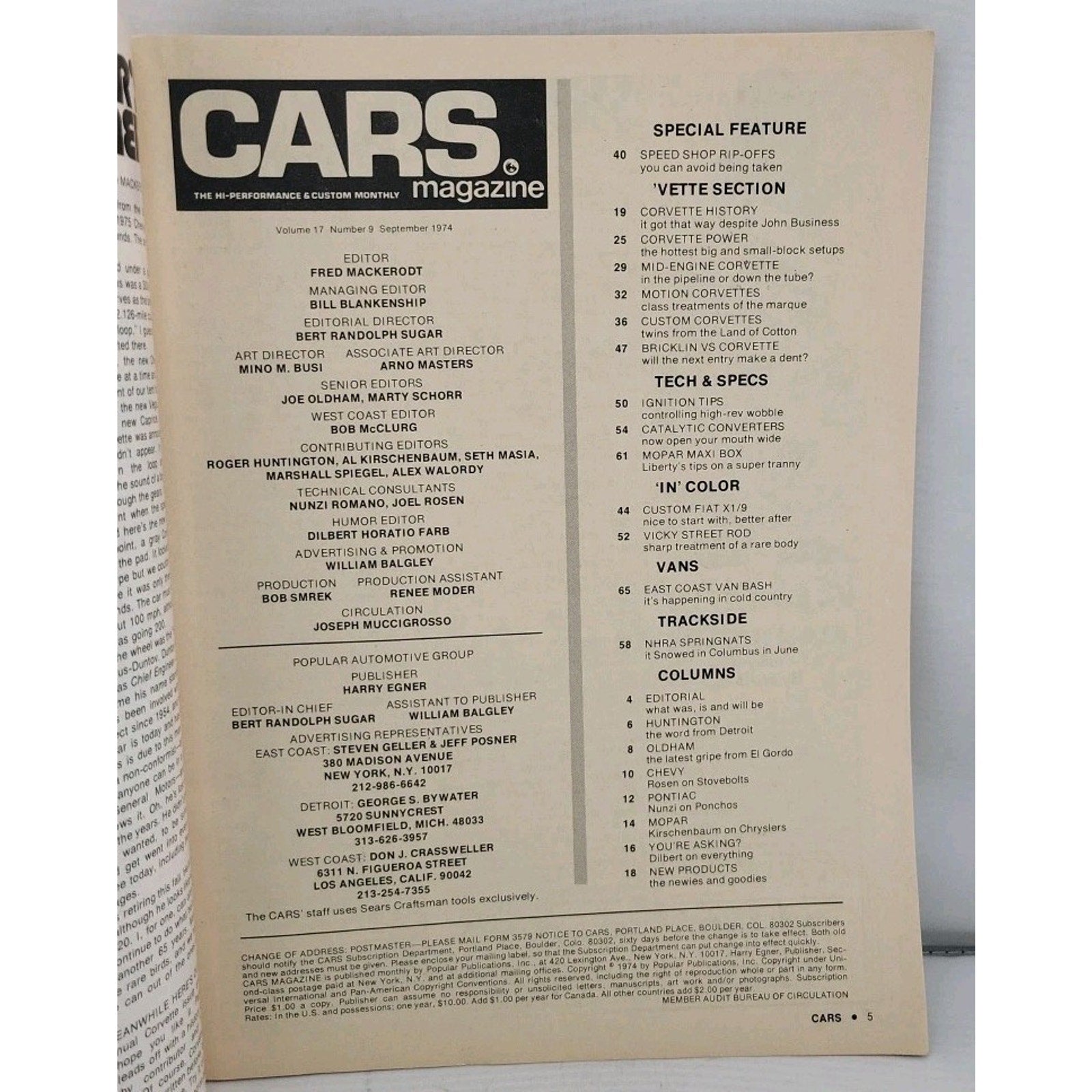 Cars Magazine-September 1974-Corvettes-Big/Small Block Chevy Goodies