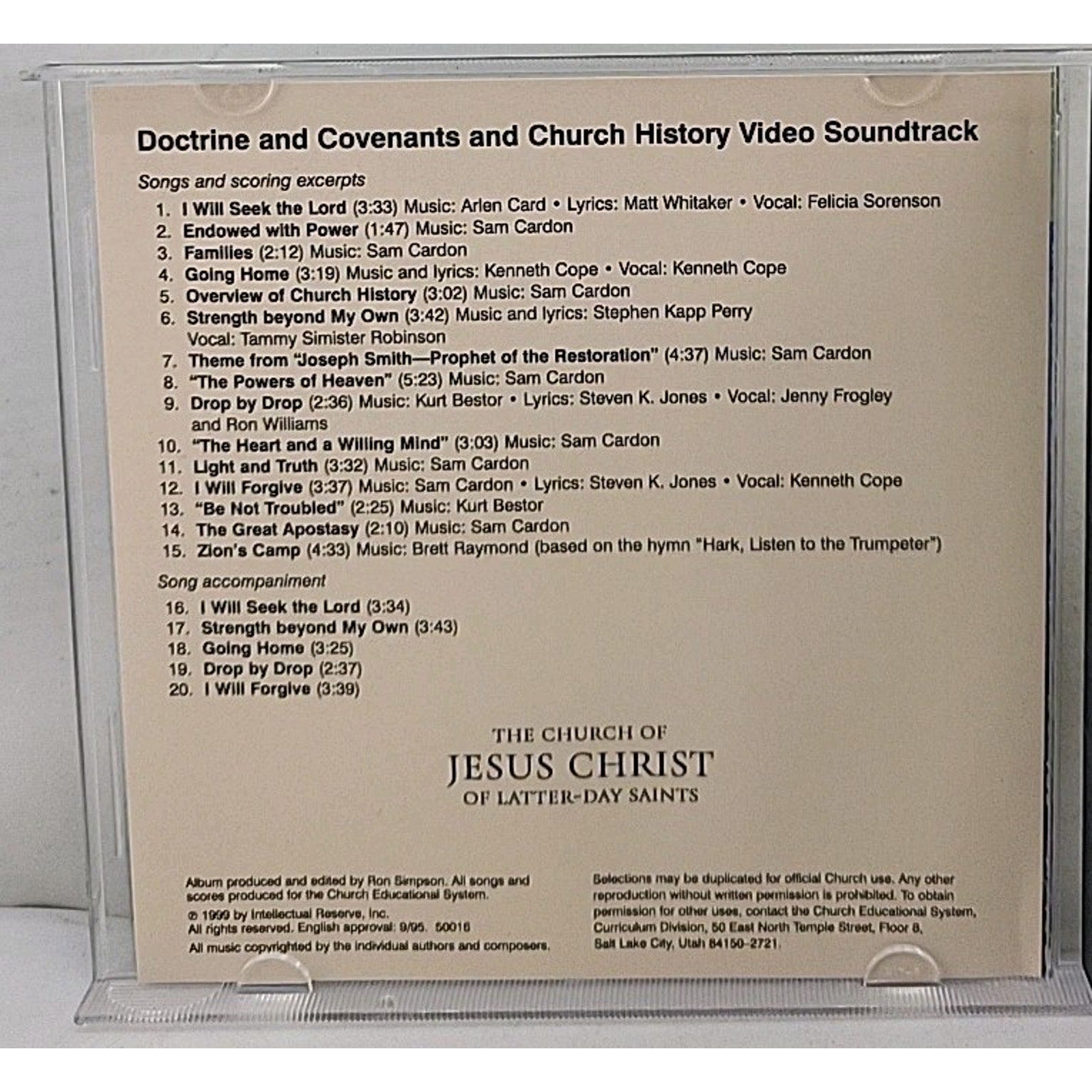 Doctrine and Covenants and Church History Video Soundtrack CD, 1999, LDS
